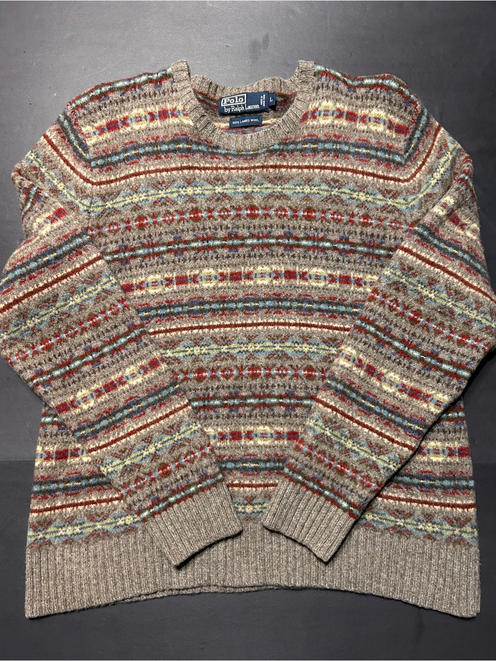 Polo Ralph Lauren Fair Isle Lambs Wool Sweater Knit Crewneck Mens L Brown